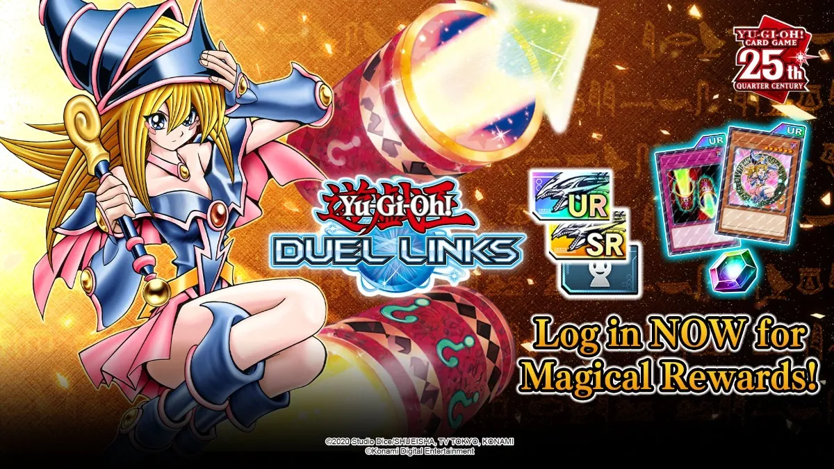 遊戲王 DUEL LINKS 歡慶遊戲王卡牌遊戲 25 週年 贈送粉絲們最愛的卡牌 登入即可獲得鑽面黑魔導女孩和魔法筒